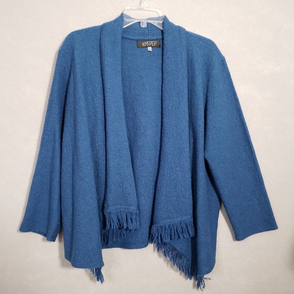 Kasper Womens XL Cardigan Sweater Blue Fringed Open Front Drape M7GMC8B8788